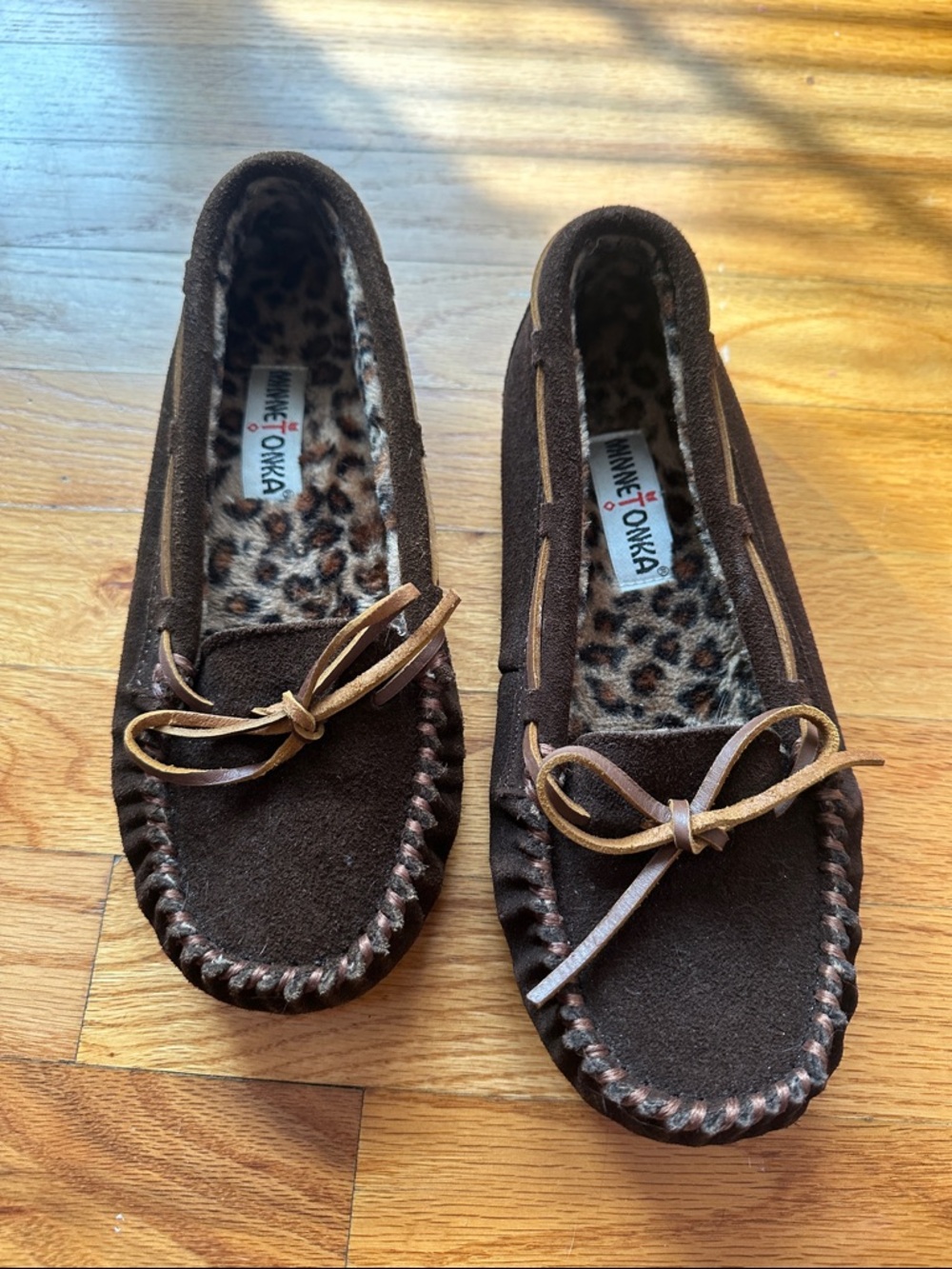 Minnetonka Brown Suede Moccasins with Leopard Print Lining
